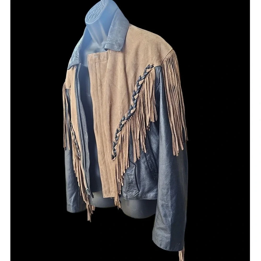 Vintage 80s FMC Leather‎ Fringe Jacket - Western Biker Coat - Men's Large